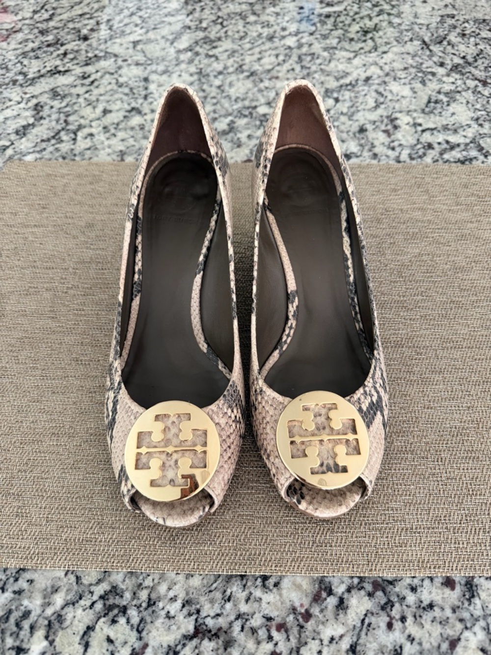 Tory Burch Beige Snake-Print Peep-Toe Heels with Gold Logo
